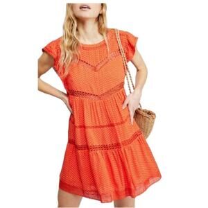 Free People Retro Kitty Crochet Orange Midi Dress Pockets S EUC